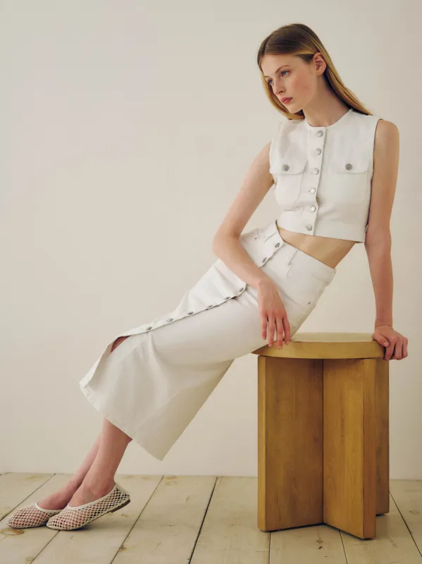 Lexie High Rise Denim Skirt Button Front | White sold by DL1961
