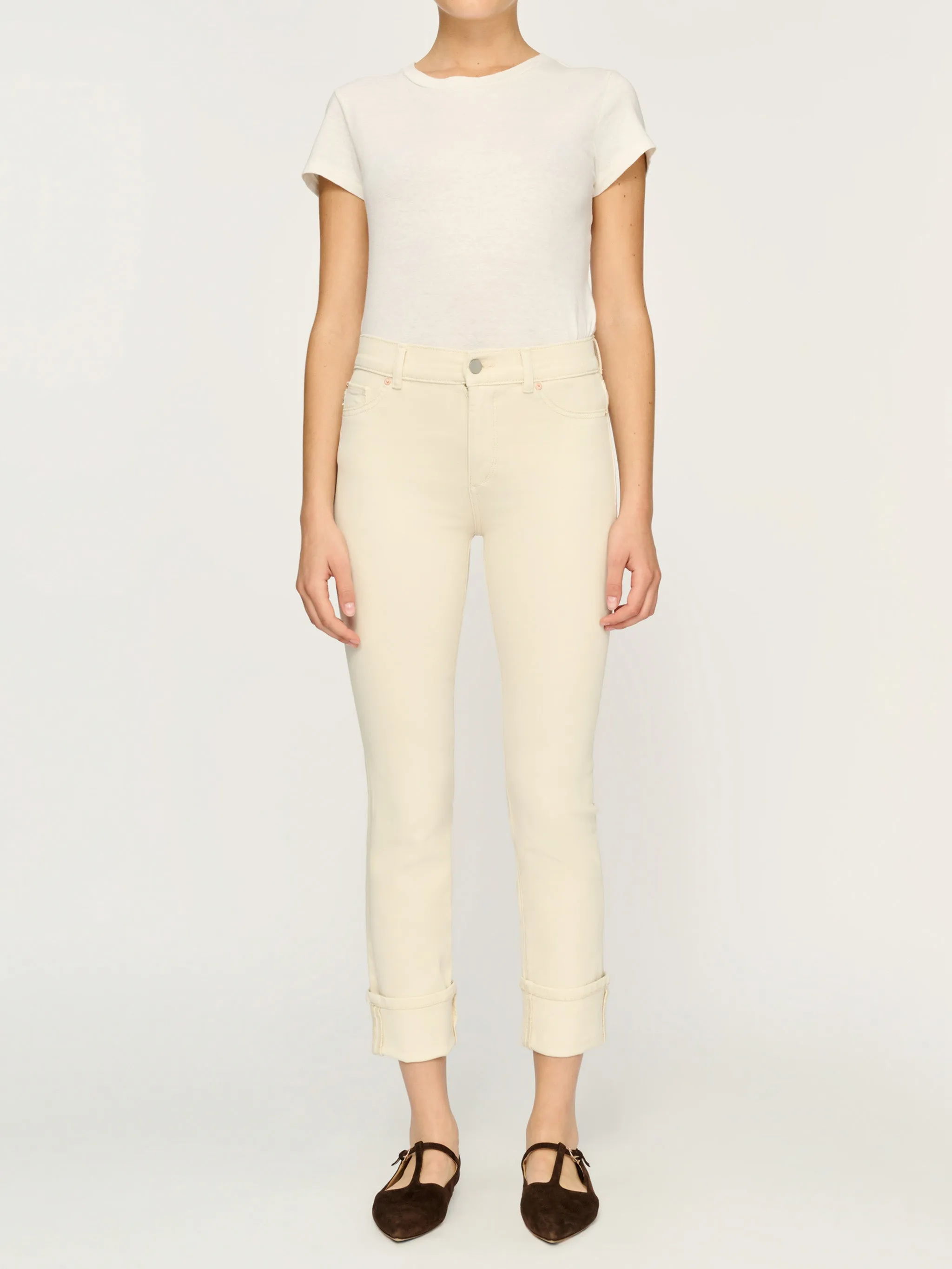 Mara Straight Mid Rise Instasculpt 27" Jeans | Flax Cuffed sold by DL1961