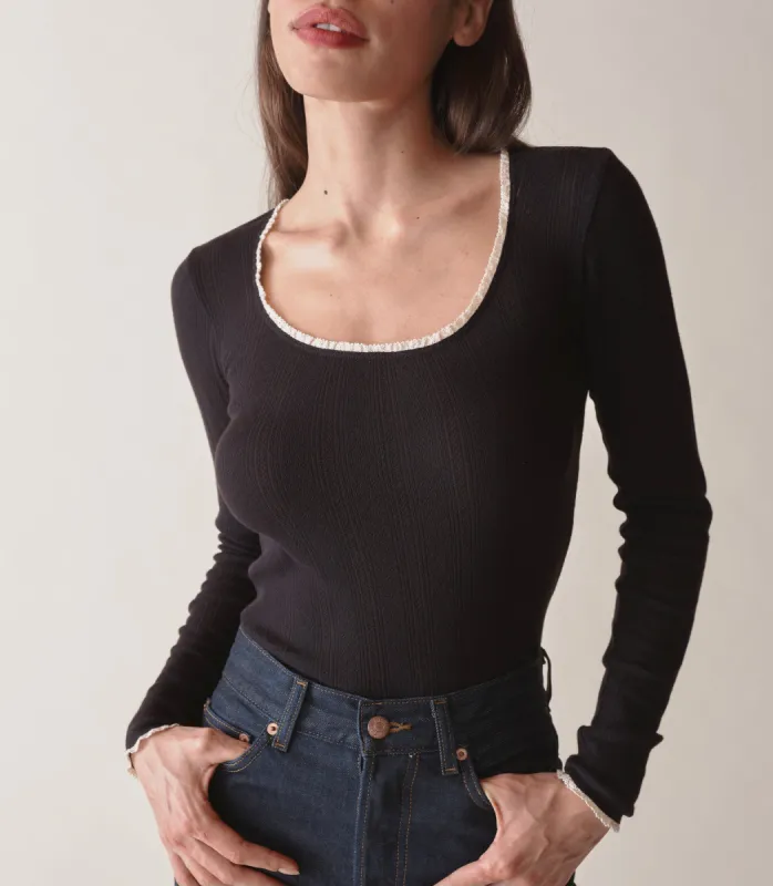 ROMY TEE -- BLACK QUELLE JOLIE POINTELLE sold by Doen