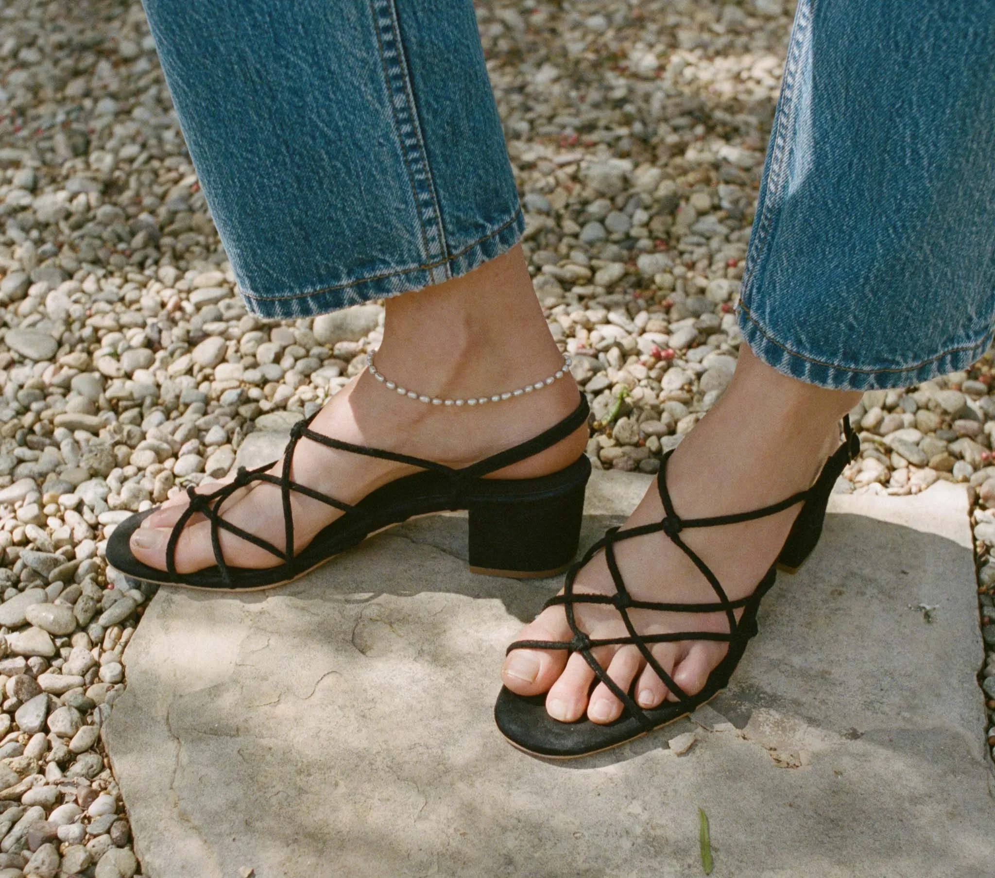 REVE BLOCK HEEL SANDAL -- BLACK SUEDE sold by Doen