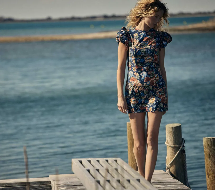 HMD -- LYRIC DRESS -- INDIGO IRIS FLORAL sold by Doen