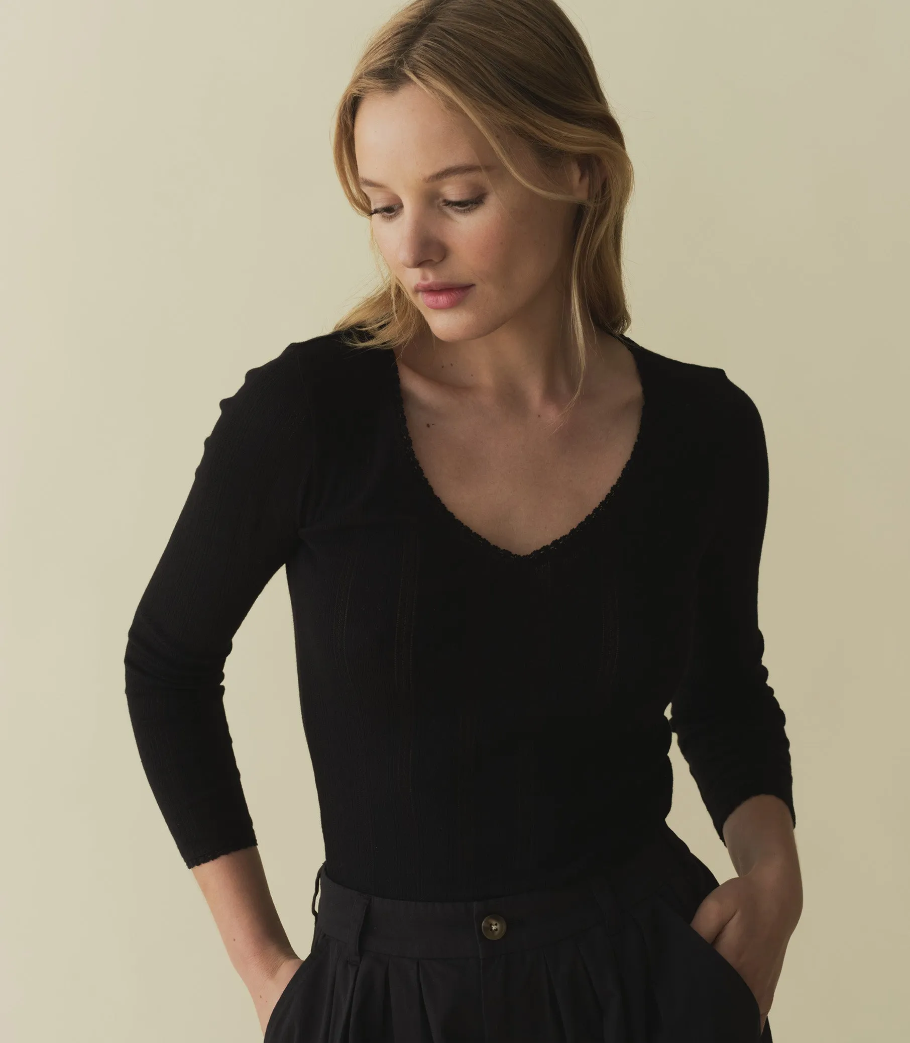 CILLA TEE -- BLACK QUELLE JOLIE POINTELLE sold by Doen