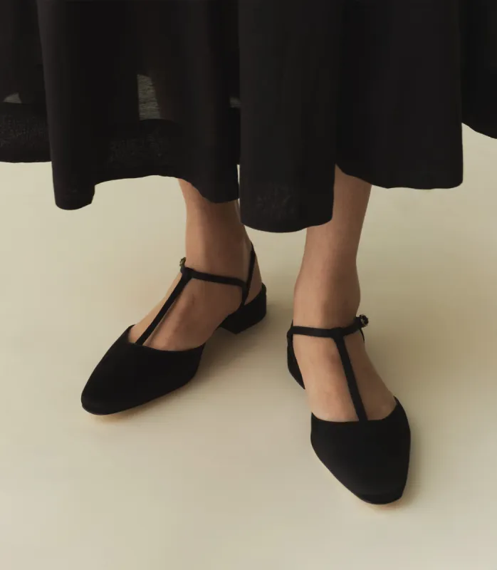 CRISTINA T STRAP FLAT -- BLACK SATIN sold by Doen