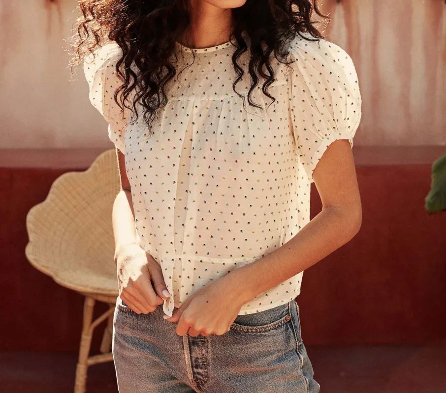 HMD -- PIROUETTE TOP -- WHITE W/ MULTI EMBROIDERY sold by Doen