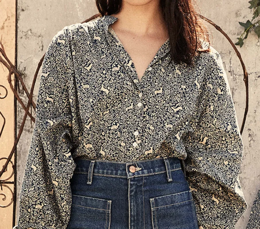 HMD -- O'KEEFFE TOP -- CREAM/BLUE PRANCING FAWN FLORAL sold by Doen