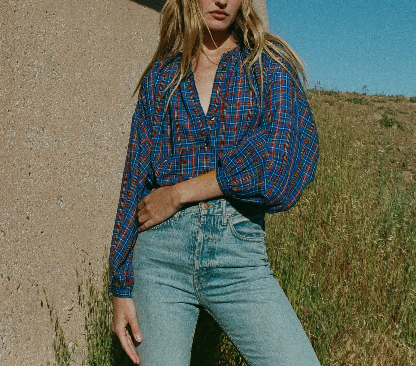 HMD -- THE JANE BLOUSE -- AZURE FRENCH PLAID sold by Doen