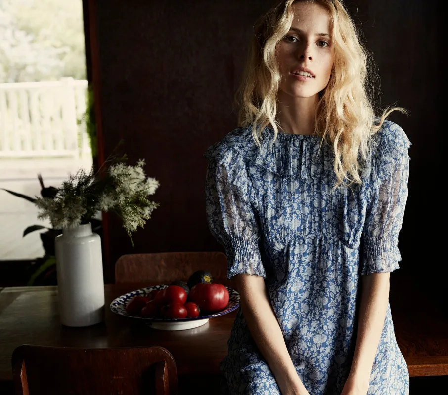 HMD -- BAUDOIN DRESS -- PORCELAIN BLUE TEA FLORAL sold by Doen