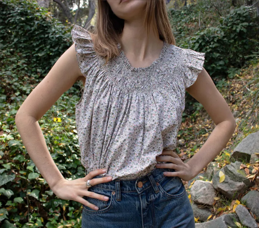 HMD -- APRIL TOP -- GREEN SUMMER NECTAR PRINT sold by Doen