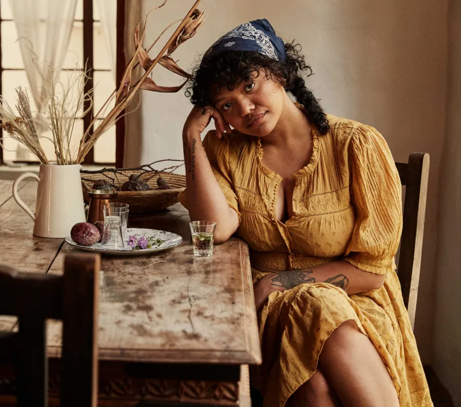 HMD -- ROLANDE DRESS -- WHEAT sold by Doen