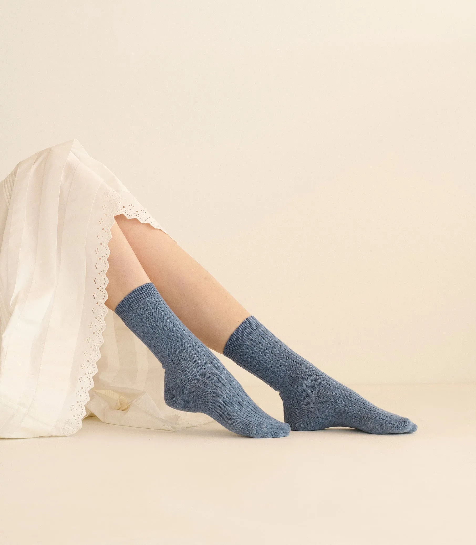 COLLÉGIEN MERINO CASHMERE RIBBED CREW SOCKS -- BLEU JEANS sold by Doen