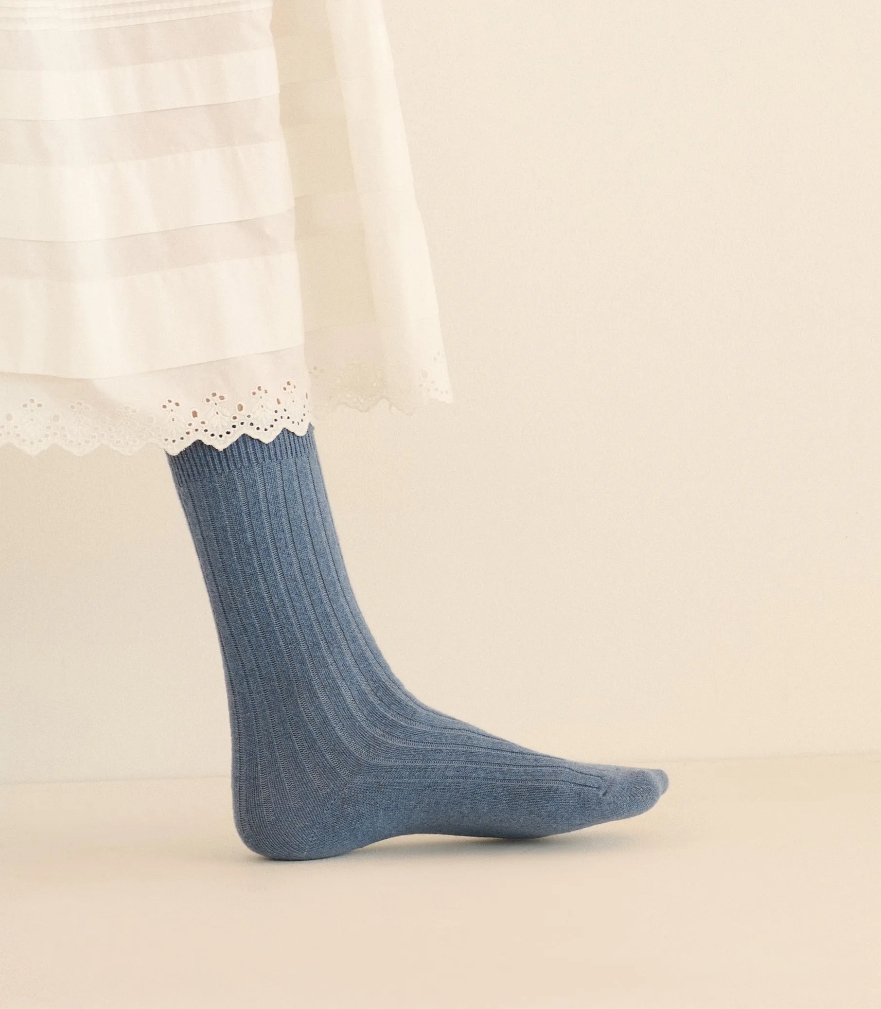 COLLÉGIEN MERINO CASHMERE RIBBED CREW SOCKS -- BLEU JEANS sold by Doen product image thumbnail 2