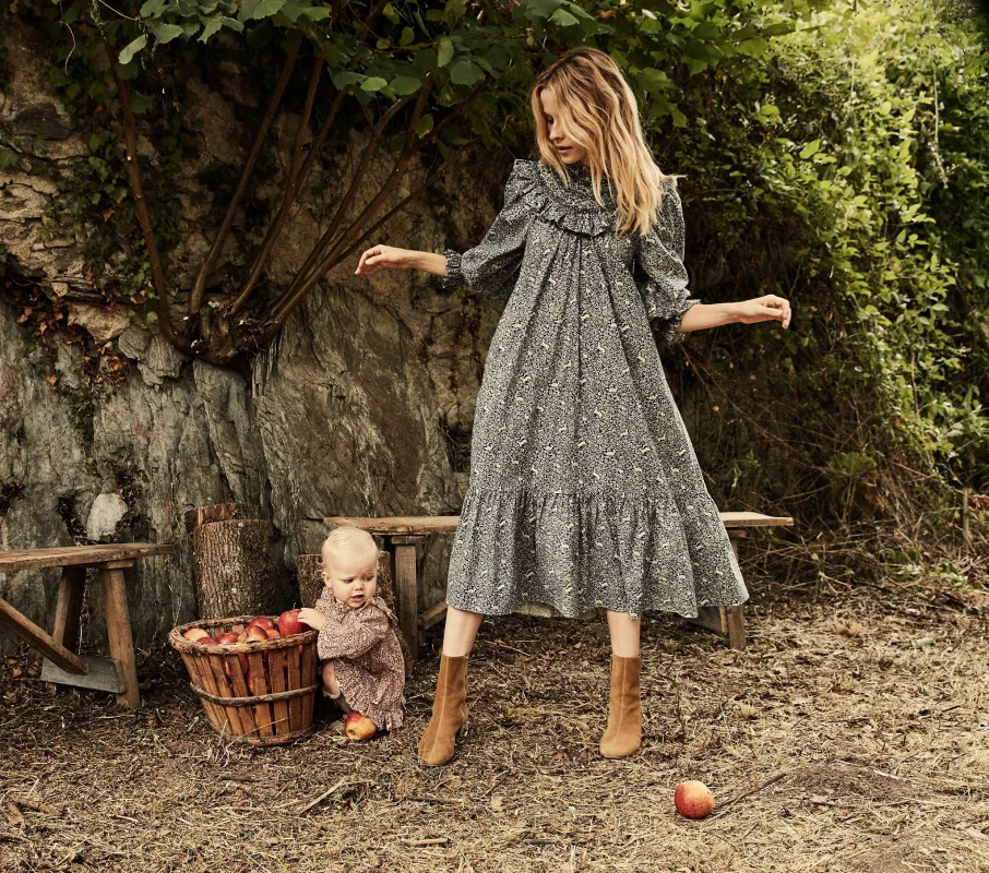 HMD -- ROSETTA DRESS -- CREAM/BLUE PRANCING FAWN FLORAL sold by Doen