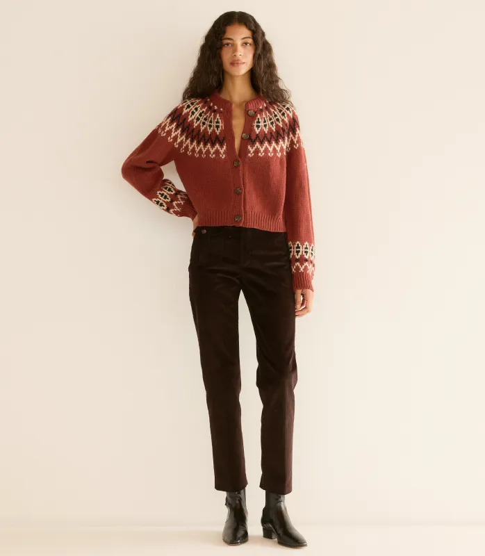 HMD -- CLARKE CARDIGAN -- BURGUNDY OLYMPIA FAIR ISLE sold by Doen