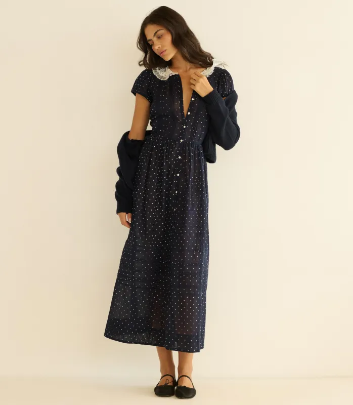 AMÉRIE DRESS -- NAVY FLOCK DOT made by Doen