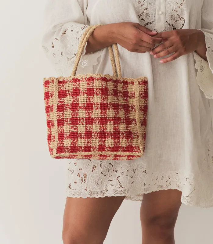 HMD -- PETITE MATHILDE BAG -- RED GINGHAM RAFFIA made by Doen