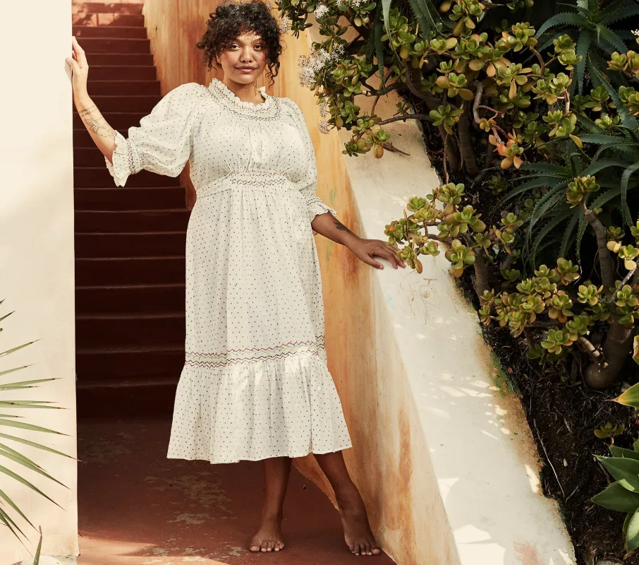 HMD -- MARINA DRESS -- WHITE W/ MULTI EMBROIDERY made by Doen