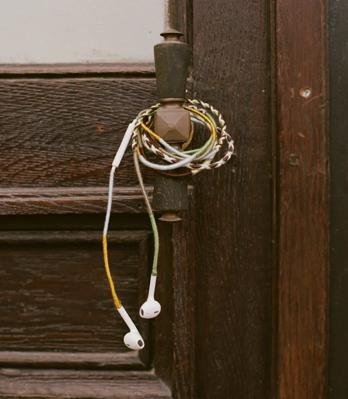 LE POM POM & DÔEN HEADPHONES -- GREEN BLUE GOLD STRIPE made by Doen