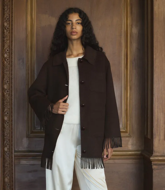 HMD -- GERMAIN FRINGE COAT -- BITTER CHOCOLATE made by Doen