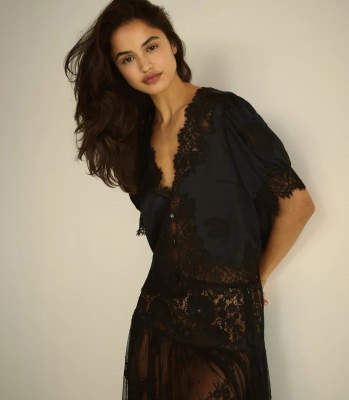 IDELLA SILK SATIN TOP -- BLACK made by Doen