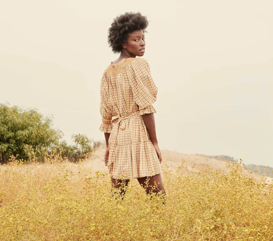 HMD -- SABINE DRESS -- ORANGE MERINGUE PLAID made by Doen