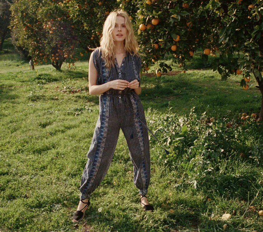 HMD -- GOA JUMPSUIT -- DARK NAVY COMBO BLOCK PRINT sold by Doen