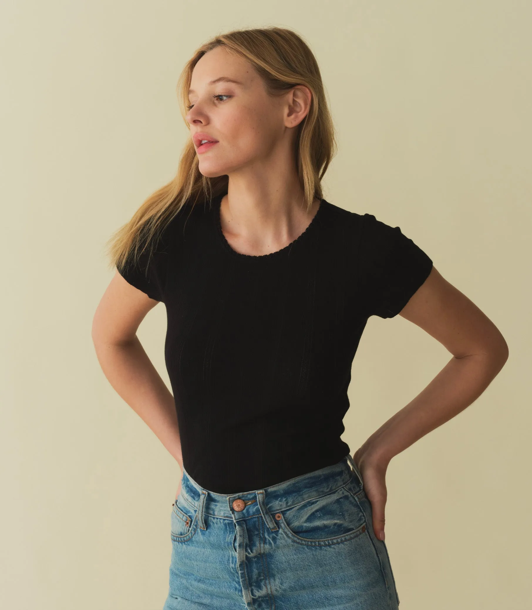VIVI TEE -- BLACK QUELLE JOLIE POINTELLE sold by Doen