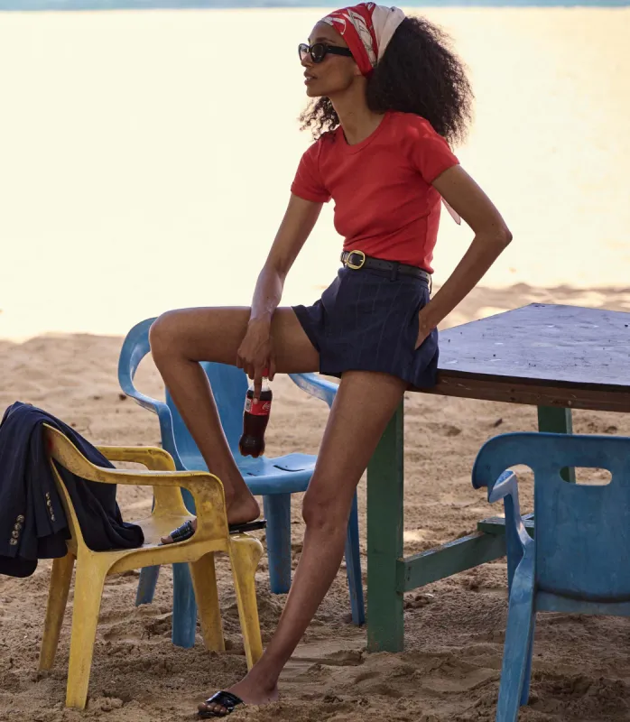 YVAINE SHORT -- NAVY PINSTRIPE made by Doen