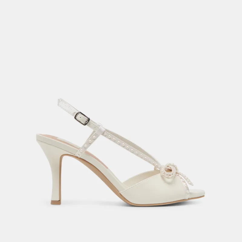 LONNY PEARL HEELS WHITE SATIN sold by Dolce Vita