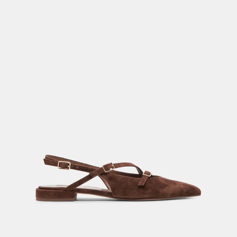 PAMLA FLATS DK BROWN SUEDE sold by Dolce Vita
