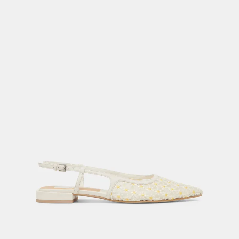 PAMIE FLORAL FLATS WHITE YELLOW FLORAL MESH sold by Dolce Vita