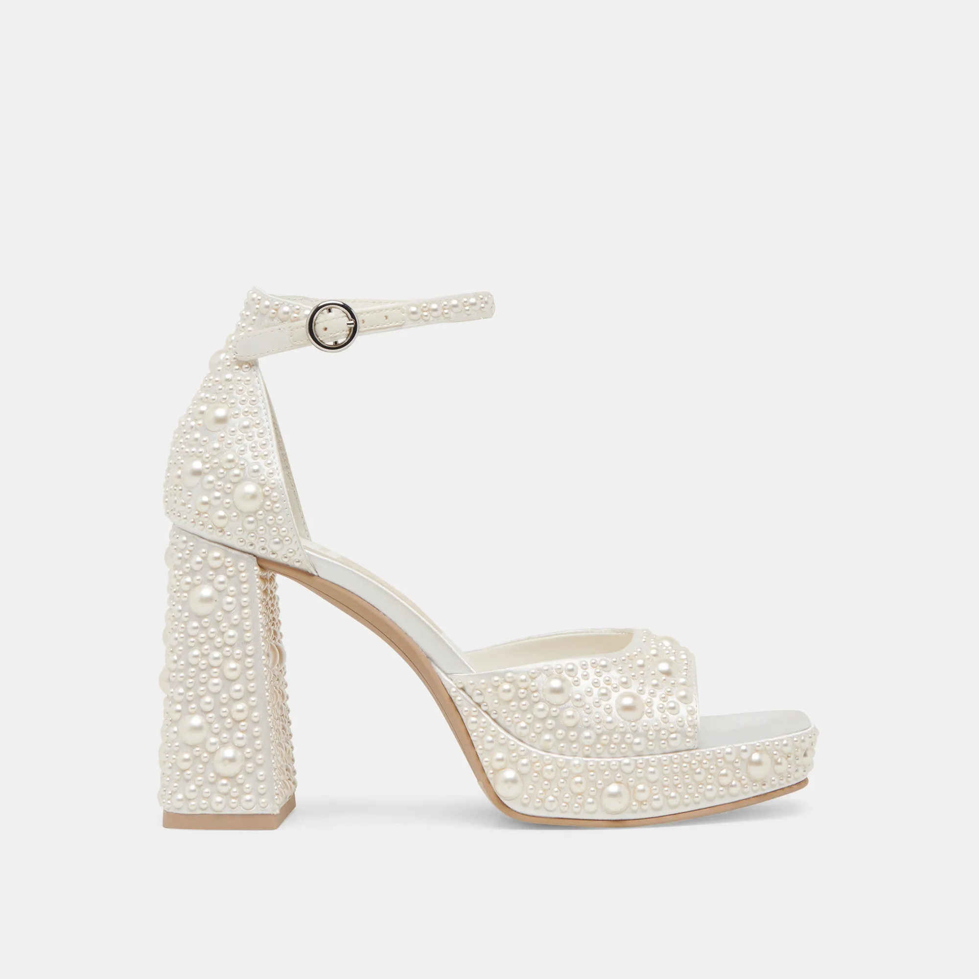 PANDRO PEARL WIDE HEELS TRUE WHITE SATIN sold by Dolce Vita
