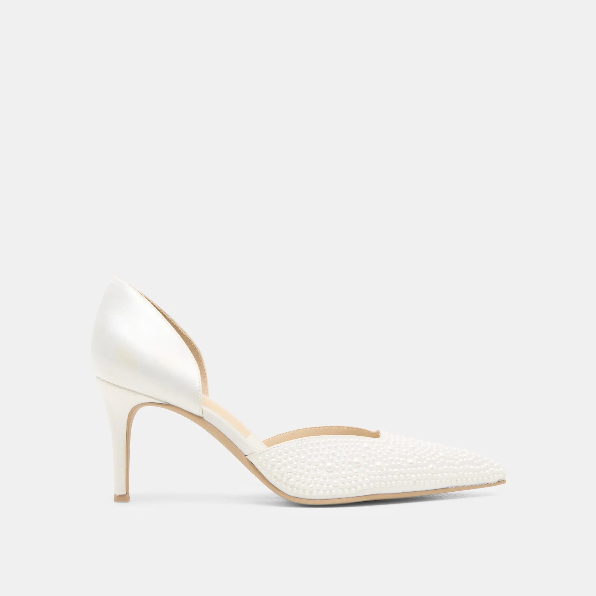 ELOY PEARL HEELS TRUE WHITE SATIN sold by Dolce Vita