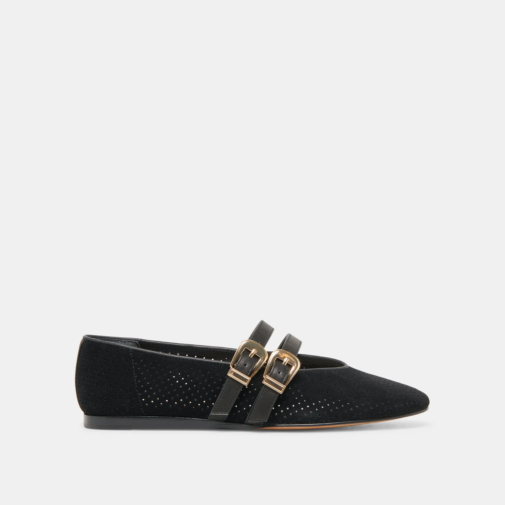 BAYLEE WIDE BALLET FLATS ONYX PERFORATED SUEDE sold by Dolce Vita