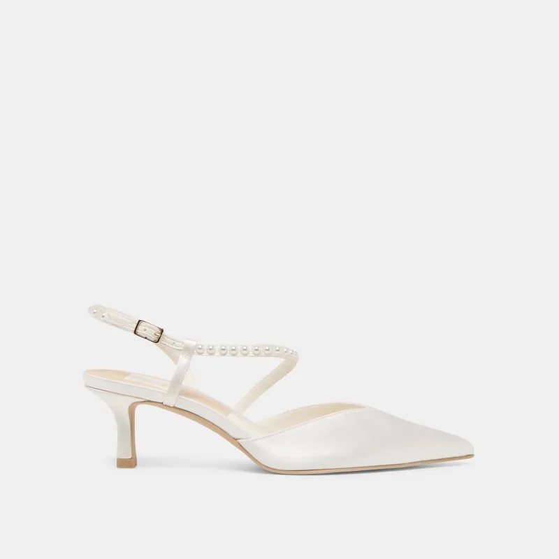 KAMRA PEARL MID HEELS TRUE WHITE SATIN sold by Dolce Vita