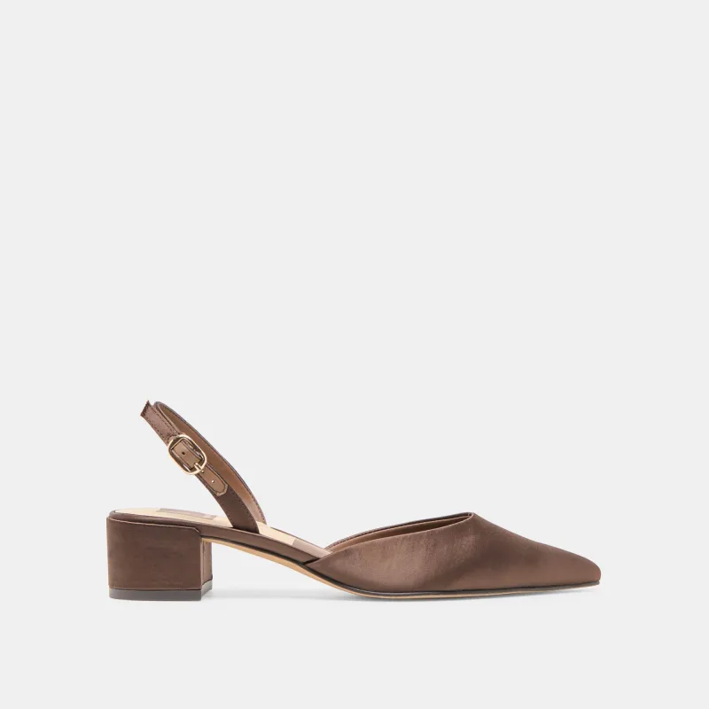 CAREL HEELS DK BROWN SATIN sold by Dolce Vita