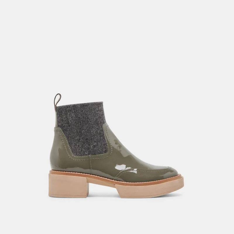 SALINE H2O BOOTIES DARK OLIVE CRINKLE PATENT - re:vita sold by Dolce Vita