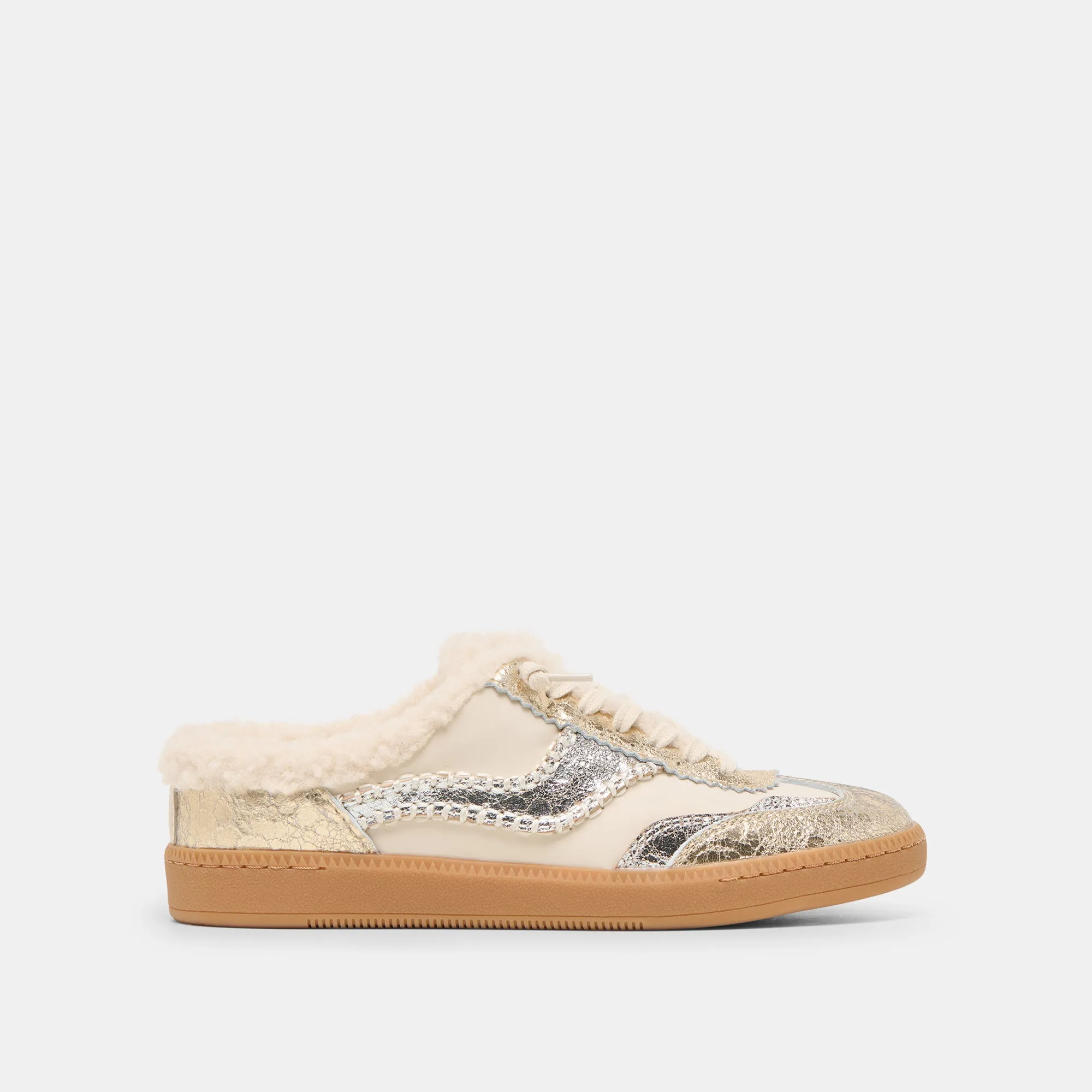 NOTICE SLIDE PLUSH SILVER GOLD CRACKLED LEATHER sold by Dolce Vita