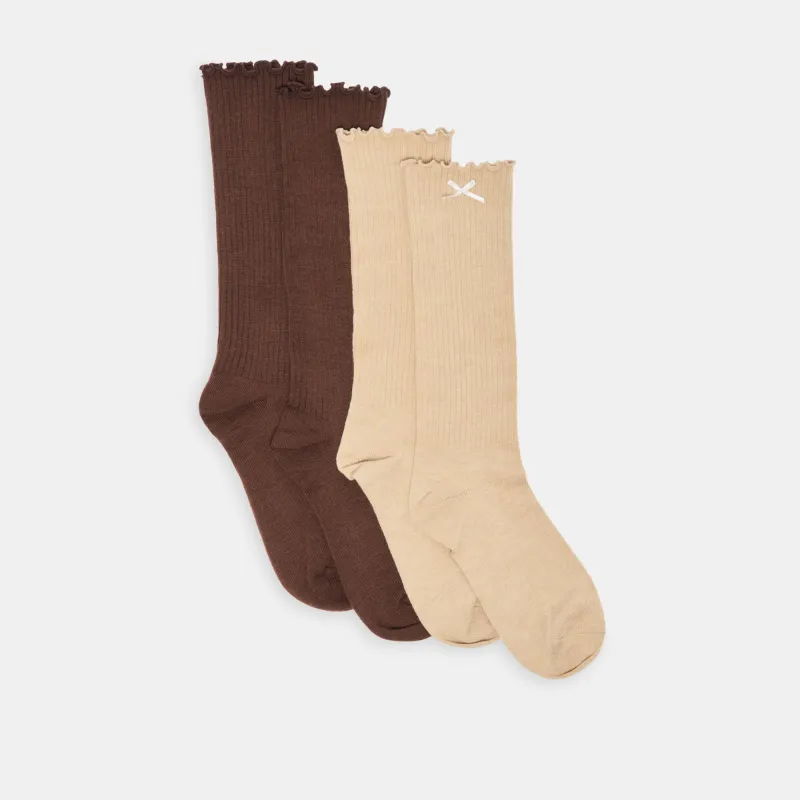 2 PACK LETTUCE EDGE BOW SOCKS TAN BROWN sold by Dolce Vita
