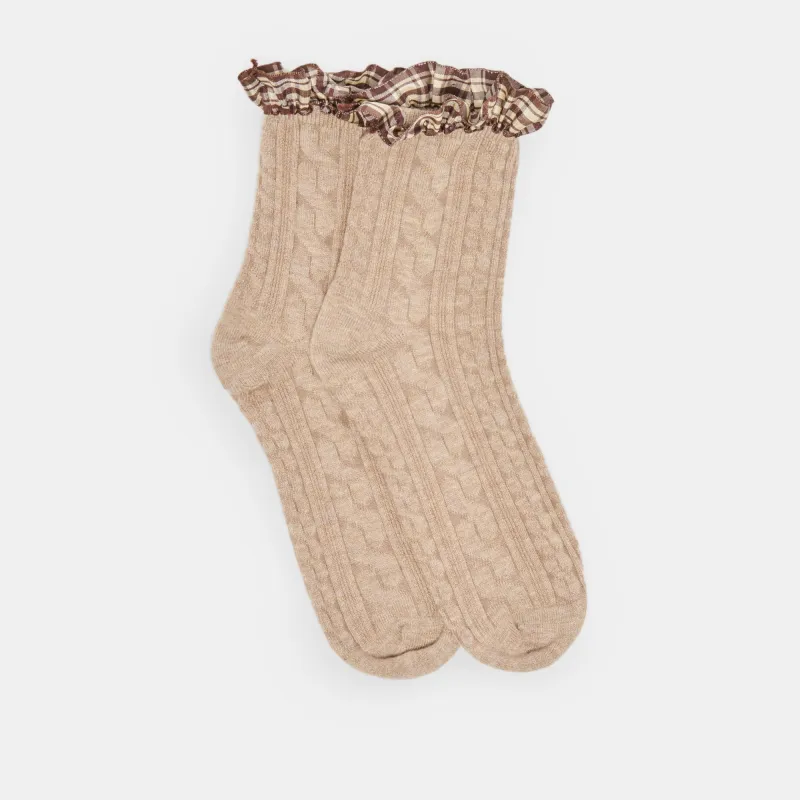 PLAID RUFFLE CREW SOCKS TAUPE sold by Dolce Vita