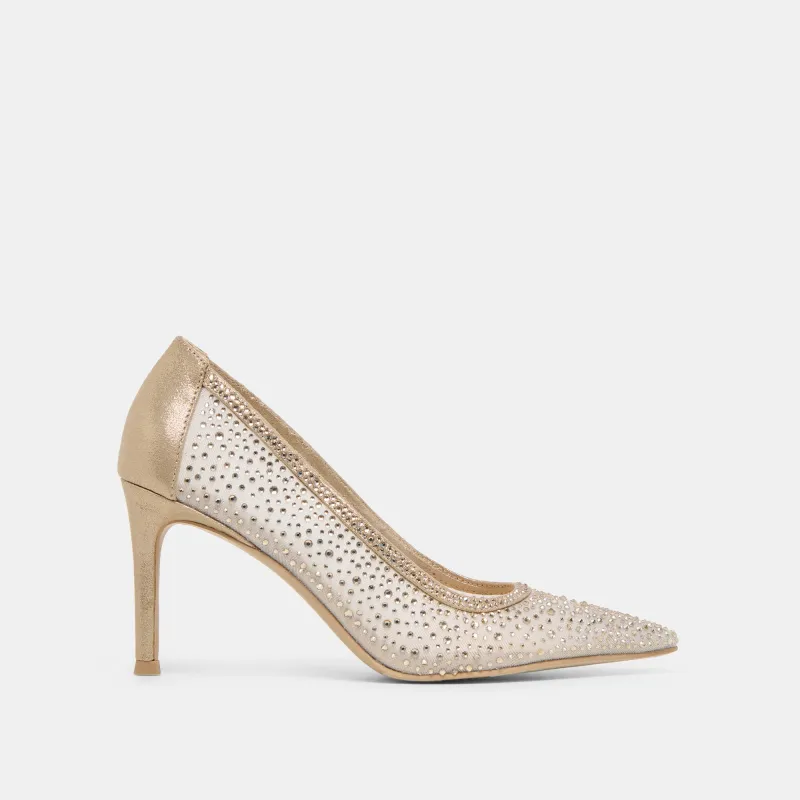 KASHE CRYSTAL HEELS LT GOLD MESH sold by Dolce Vita