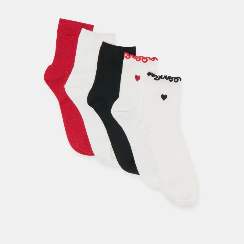 5 PACK EMBROIDERED RIB ANKLET SOCKS WHITE BLACK MULTI sold by Dolce Vita