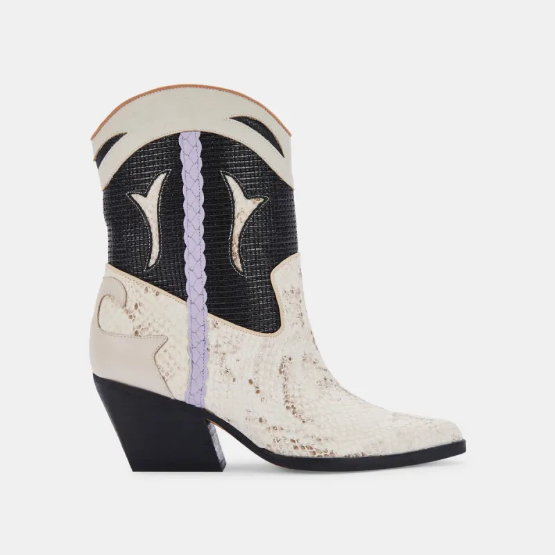 LORAL BOOTIES BLACK WHITE SNAKE PRINT LEATHER sold by Dolce Vita