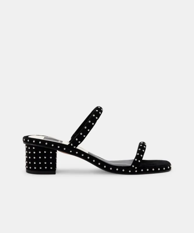 RIYA STUDDED WIDE SANDALS BLACK SUEDE sold by Dolce Vita