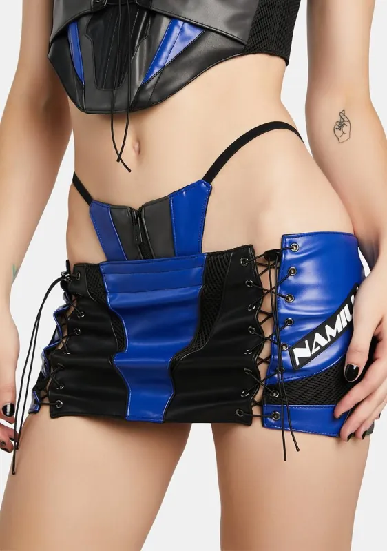 Blue Moto Thong Micro Skirt sold by Dolls Kill