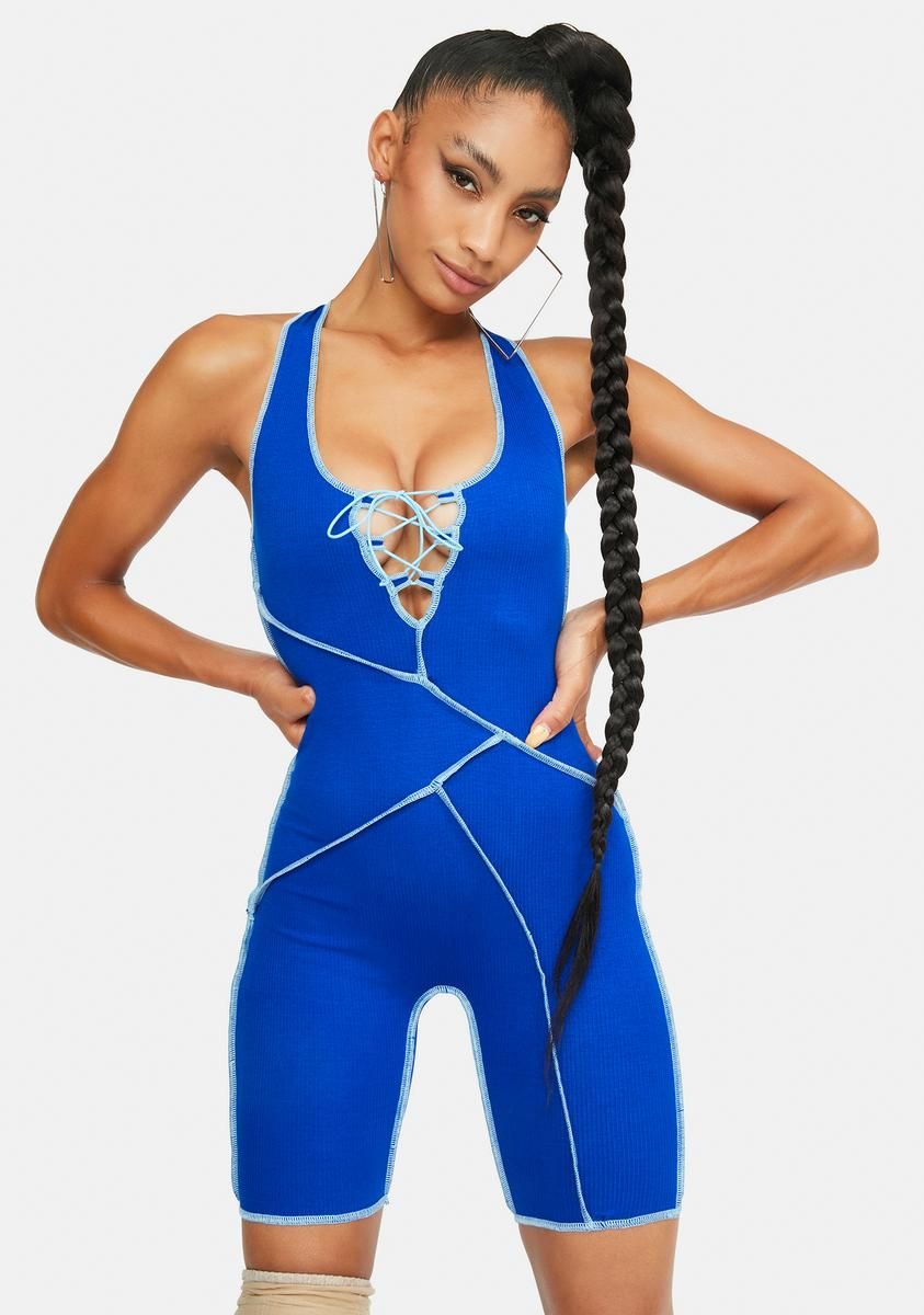 Waves Adventure Driven Contrast Stitch Lace Up Tank Romper sold by Dolls Kill