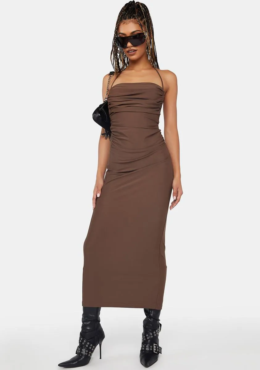 Brown Slinky Open Back Midi Dress sold by Dolls Kill