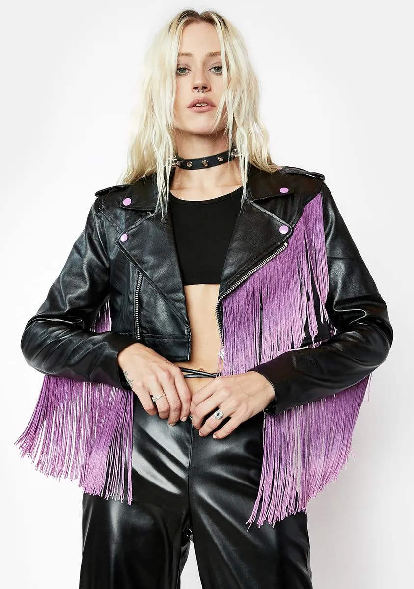 Amethyst Bite The Dust Fringe Moto Jacket sold by Dolls Kill