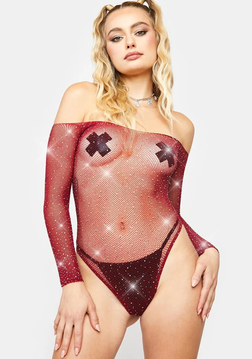 Burgundy Frozen Ice Rhinestone Fishnet Bodysuit sold by Dolls Kill