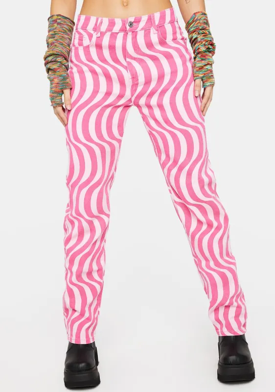 Pink Swirl Abstract Mid Rise Straight Leg Jeans sold by Dolls Kill