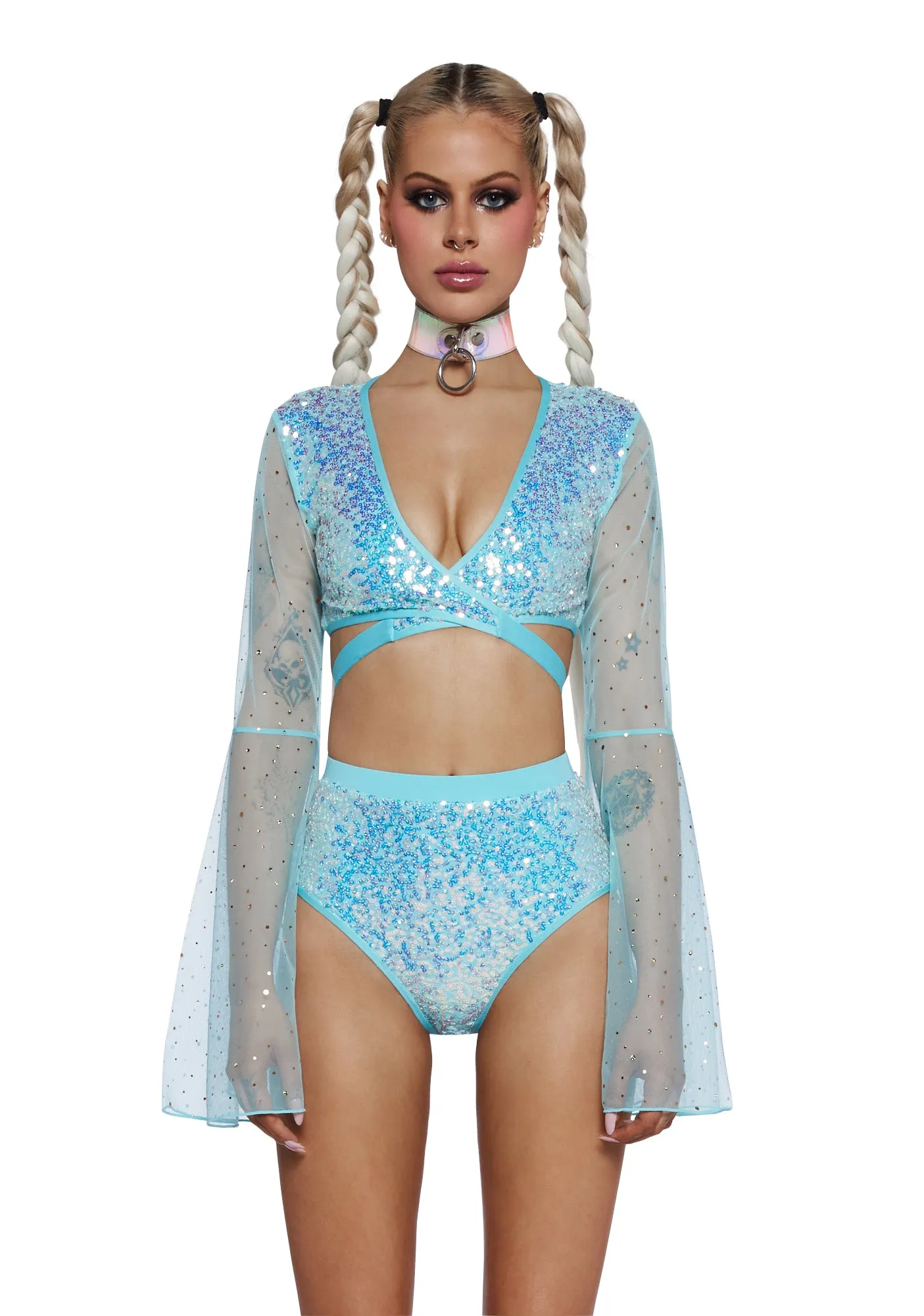 Dazed Dreamer Sequin Wrap Top - Blue sold by Dolls Kill